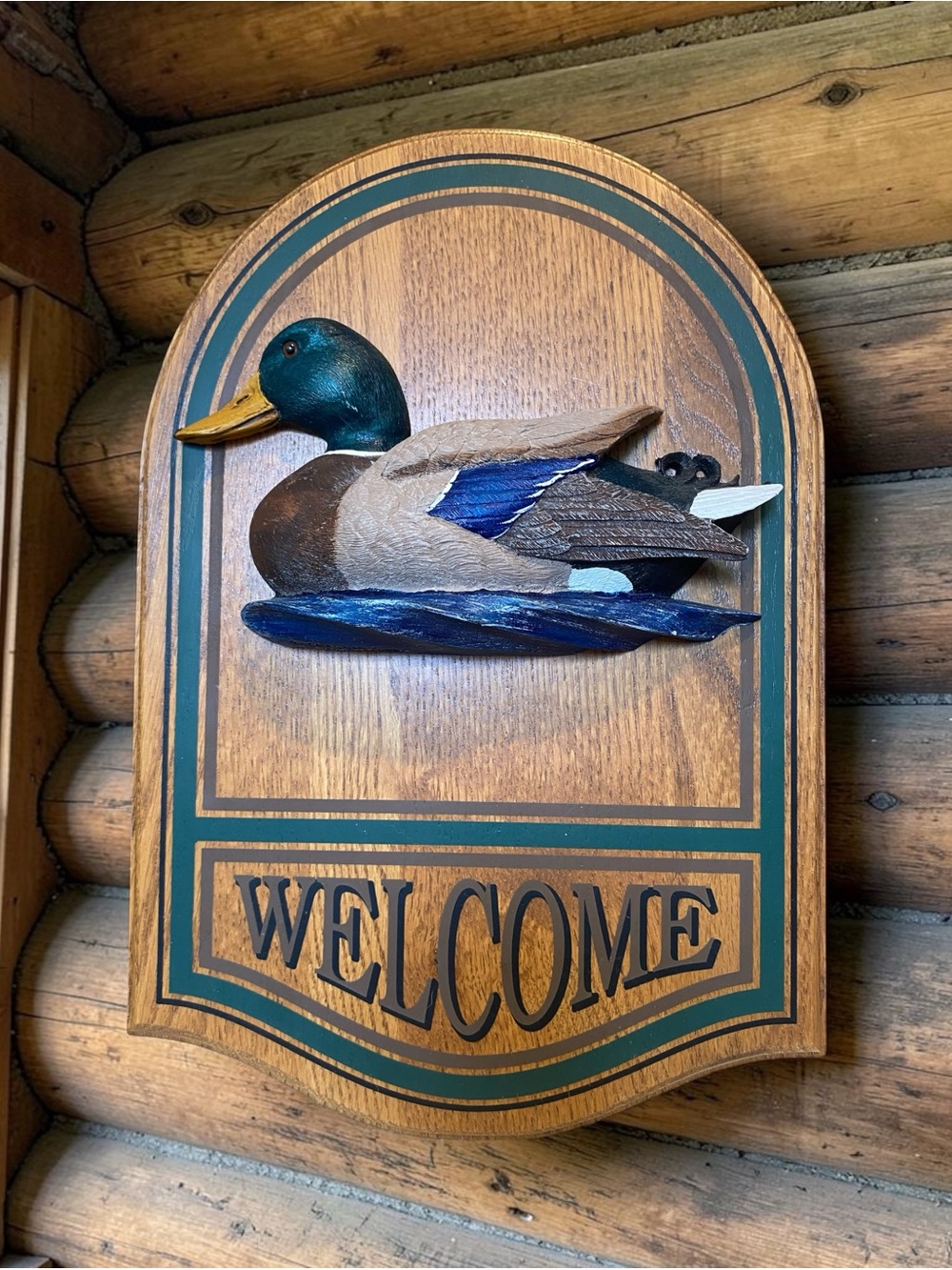 VINTAGE JENNINGS HAND PAINTED DUCK SOLID OAK  WELCOME SIGN